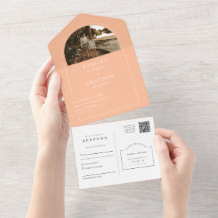Invitation Tout En Un Peach Modern Minimal Arch Photo QR Code RSVP