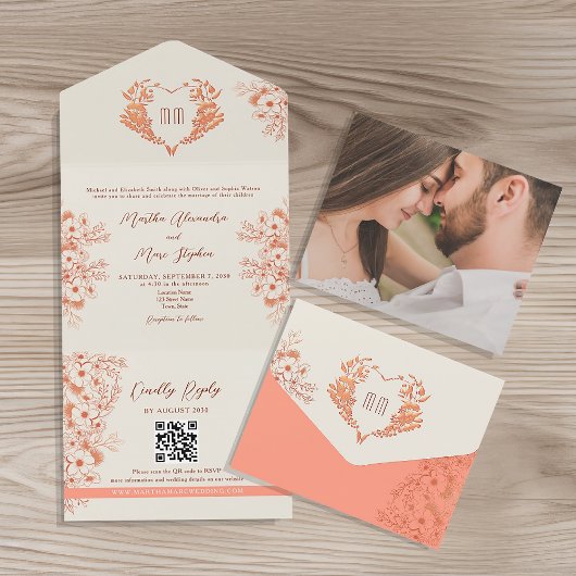 Invitation Tout En Un Peach Rustic Floral Heart Monogram Mariage
