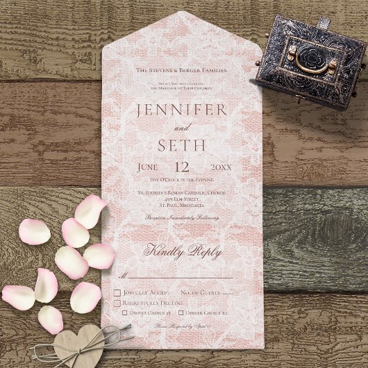 Invitation Tout En Un Peach & White Lace Dîner Moderne