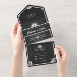 Invitation Tout En Un Peacock Art déco moderne Mariage blanc et noir<br><div class="desc">Inspiré par l'époque Art déco glamour. Cette invitation conviendra parfaitement aux couples à la recherche d'un mariage classique et élégant. Le point central est un paon magnifique, symbolisant la beauté et l'abondance. Contre un arrière - plan noir sophistiqué, les accents blancs immaculés créent un contraste saisissant, ajoutant une touche de...</div>