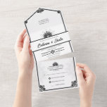 Invitation Tout En Un Peacock Art déco moderne Mariage noir et blanc<br><div class="desc">Inspiré par l'époque Art déco glamour. Cette invitation conviendra parfaitement aux couples à la recherche d'un mariage classique et élégant. Le point central est un paon magnifique, symbolisant la beauté et l'abondance. Contre un arrière - plan blanc épuré et intemporel, les accents noirs frappants créent un look sophistiqué et raffiné....</div>