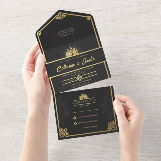 Invitation Tout En Un Peacock or et Mariage noir Art déco moderne (Déchirure)
