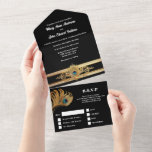 Invitation Tout En Un Peacock plumes élégant noir or minimaliste<br><div class="desc">Des plumes de paon doré et turquoises rosettes bleues ajoutent une touche de luxe et d'opulence à cette faire-part de mariage "paon" intemporelle et classique. L'arrière - plan noir de minuit rend les panaches pop et les modèles blancs personnalisés peuvent être personnalisés pour convenir à votre événement ou célébration très...</div>