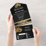 Invitation Tout En Un Peacock plumes or noir élégant mariage<br><div class="desc">Des plumes de paon doré et turquoises rosettes bleues ajoutent une touche de luxe et d'opulence à cette faire-part de mariage "paon" intemporelle et classique. L'arrière - plan noir de minuit rend les panaches pop et les modèles blancs personnalisés peuvent être personnalisés pour convenir à votre événement ou célébration très...</div>