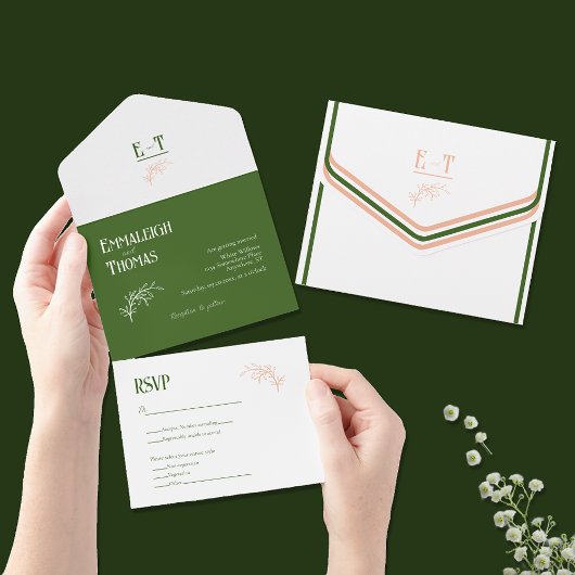 Invitation Tout En Un Pêche Blanc + Vert Simple Mariage moderne