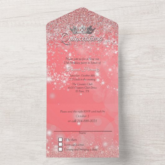 Invitation Tout En Un Pêche Bokeh et Parties scintillant Quinceañera  (À l'intérieur)
