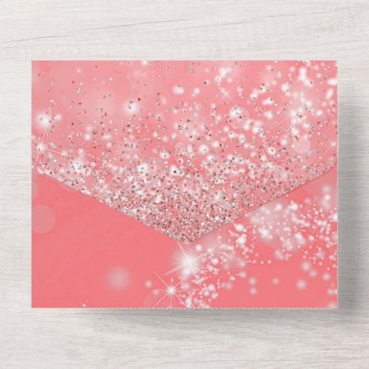 Invitation Tout En Un Pêche Bokeh et Parties scintillant Quinceañera  (Verso)