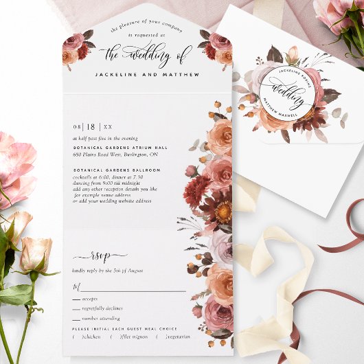 Invitation Tout En Un Pêche, Bourgogne Blush Floral Mariage Tear Off RSV