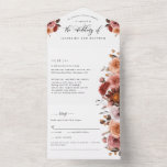 Invitation Tout En Un Pêche, Burgundy Blush Floral Wedding RSVP Dietary<br><div class="desc">Elégant Pêche, Blush et Burgundy Floral All-in-One avec perforé RSVP avec restrictions alimentaires au lieu de choix alimentaires. Même invitation avec choix de nourriture ou option de supprimer section est également disponible. Respectueux de l'environnement puisqu'il n'est pas nécessaire d'insérer des cartes supplémentaires, des cartes RSVP ou même des enveloppes, cette...</div>