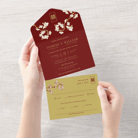 Invitation Tout En Un Pêche d'ivoire/fleurs de prune chinois double bonh (Déchirure)