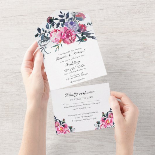 Invitation Tout En Un Peine rose vif Monogramme floral Élégant Mariage (Déchirure)