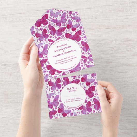 Invitation Tout En Un Peinture à papillon Magenta rose moderne (Déchirure)