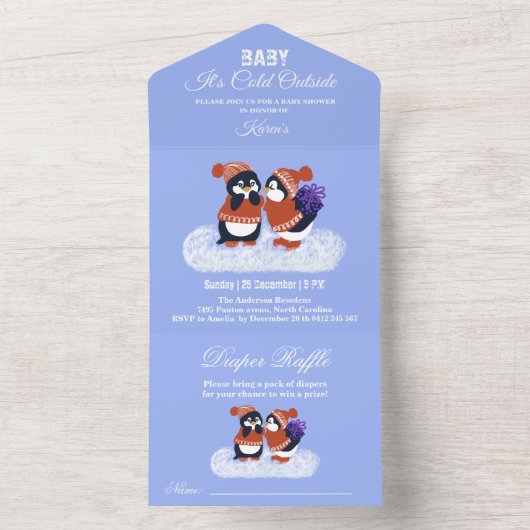 Invitation Tout En Un Penguin Neige hiver Anniversaire Baby shower Froid (À l'intérieur)