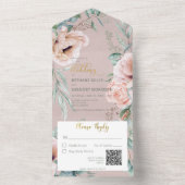 Invitation Tout En Un Peonies blanches et blanches rustiques Code QR ros (À l'intérieur)