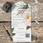 Invitation Tout En Un Peonies blanches modernes sur le code QR blanc