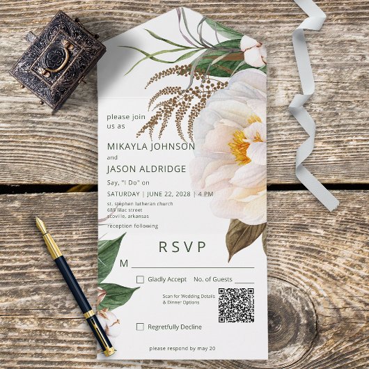 Invitation Tout En Un Peonies blanches modernes sur le code QR blanc