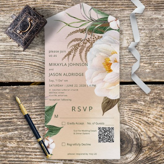 Invitation Tout En Un Peonies blanches modernes sur le code QR Brown