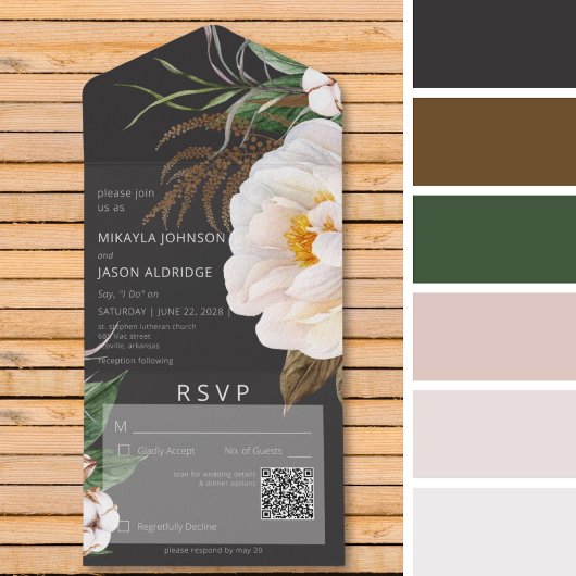 Invitation Tout En Un Peonies blanches modernes sur le code QR noir