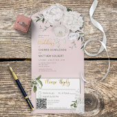 Invitation Tout En Un Peonies blanches rustiques Floral Rose QR Code