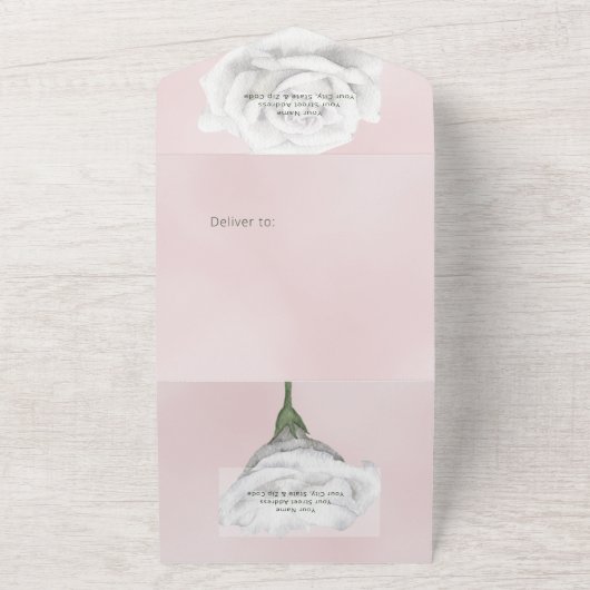 Invitation Tout En Un Peonies blanches rustiques Floral Rose QR Code (Dehors)
