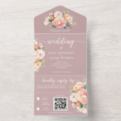 Invitation Tout En Un Peonies élégantes modernes Dusty Rose QR Code Mari (À l'intérieur)