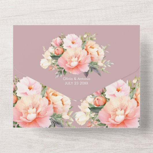 Invitation Tout En Un Peonies élégantes modernes Dusty Rose QR Code Mari (Verso)