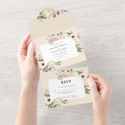 Invitation Tout En Un Peonies et Anémones en fleur Mariage Blush (Déchirure)