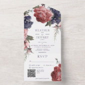 Invitation Tout En Un Peonies rose et bleu rustique Code QR blanc (À l'intérieur)
