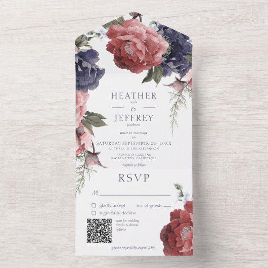 Invitation Tout En Un Peonies rose et bleu rustique Code QR blanc (À l'intérieur)