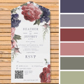 Invitation Tout En Un Peonies rose et bleu rustique Code QR blanc
