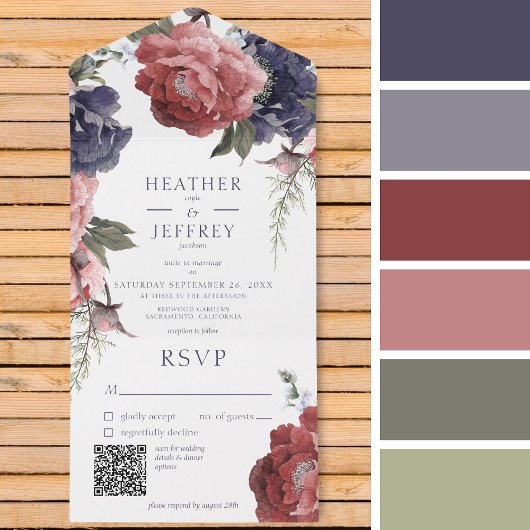 Invitation Tout En Un Peonies rose et bleu rustique Code QR blanc