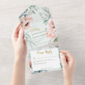 Invitation Tout En Un Peonies rustiques blanches et blanches Sage Green  (Déchirure)