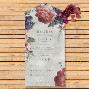Invitation Tout En Un Peonies Rustiques Roses & Bleues Sage Vert Pas de