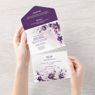 Invitation Tout En Un Peonies violettes profondes en un seul mariage Inv