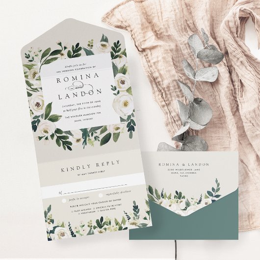 Invitation Tout En Un Peony blanc | Aquarelle Mariage de cadre Floral