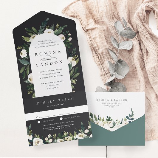 Invitation Tout En Un Peony blanc | Mariage d'arche florale aquarelle