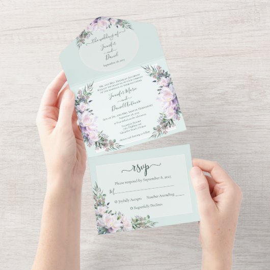 Invitation Tout En Un Peony Garden Mint Green All in One Wedding Inviter (Déchirure)