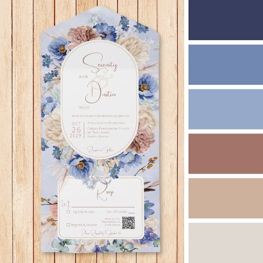 Invitation Tout En Un Peri Blue Boho Fleurs & Grasses QR Code