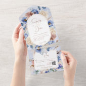 Invitation Tout En Un Peri Blue Boho Fleurs & Grasses QR Code (Déchirure)