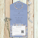 Invitation Tout En Un Périwinkkle Vintage Romantic Fleur sauvage QR Code<br><div class="desc">DISPONIBLE AVEC OU SANS CODE QR. Ce design d'inspiration vintage présente un monogramme des initiales du couple entouré d'une belle couronne de fleurs sauvages délicats en bleu terreux, marron, lavande, rose poussiéreux, ivoire, jaune doux et vert. L'arrière - plan bleu périwinkle poussiéreux a un aspect vieilli. Un autre bouquet fleur...</div>