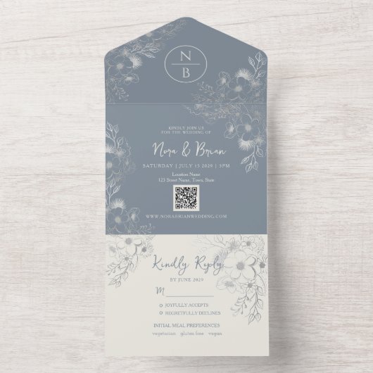 Invitation Tout En Un Périwinkle Boho Dusty Mariage bleu (À l'intérieur)