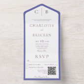 Invitation Tout En Un Périwinkle et monogramme blanc Code QR minimal (À l'intérieur)