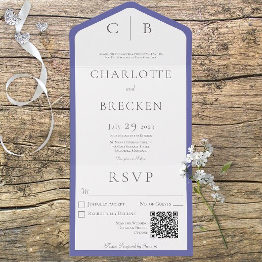 Invitation Tout En Un Périwinkle et monogramme blanc Code QR minimal