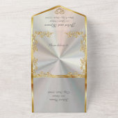 Invitation Tout En Un Perle blanche, Feuilles d'or, colombes et coeur (Dehors)