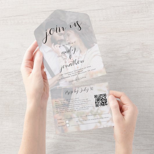 Invitation Tout En Un Personnalisé Rejoignez-nous QR Code Modern Script (Déchirure)