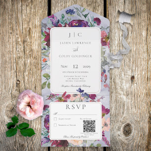Invitation Tout En Un Pervenche Marron & Blush Floral Rustique Code QR