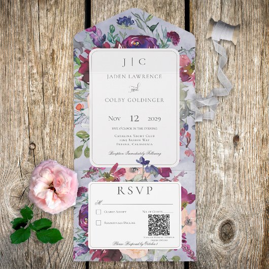 Invitation Tout En Un Pervenche Marron & Blush Floral Rustique Code QR