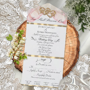 Invitation Tout En Un Pétales Romantiques & Cœurs - Perle Blanche/Or