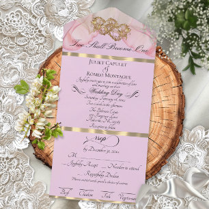 Invitation Tout En Un Pétales Romantiques & Cœurs - Perle Rose/Or