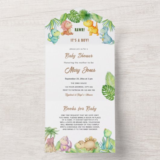 Invitation Tout En Un Petit Baby shower Dinosaur (À l'intérieur)